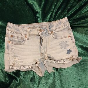 American Eagle Light Wash Jean Shorts with Floral Details